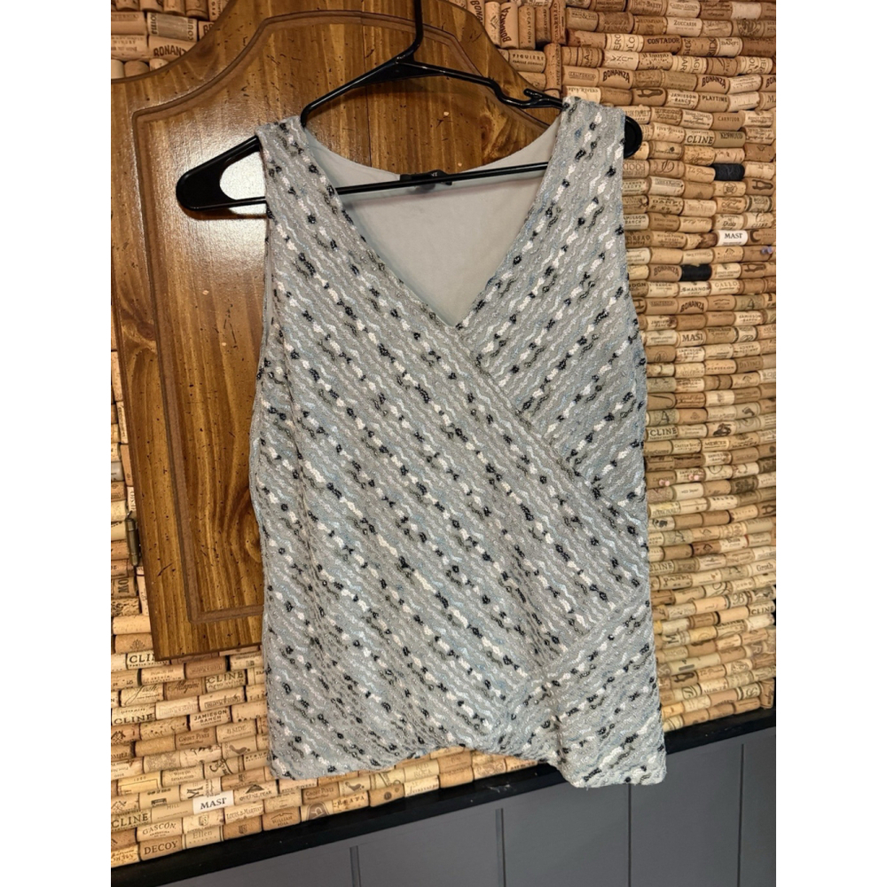 Alfani Teal Turquoise mesh glitter V-Neck Sleeveless Blouse TopTank knit SZ L